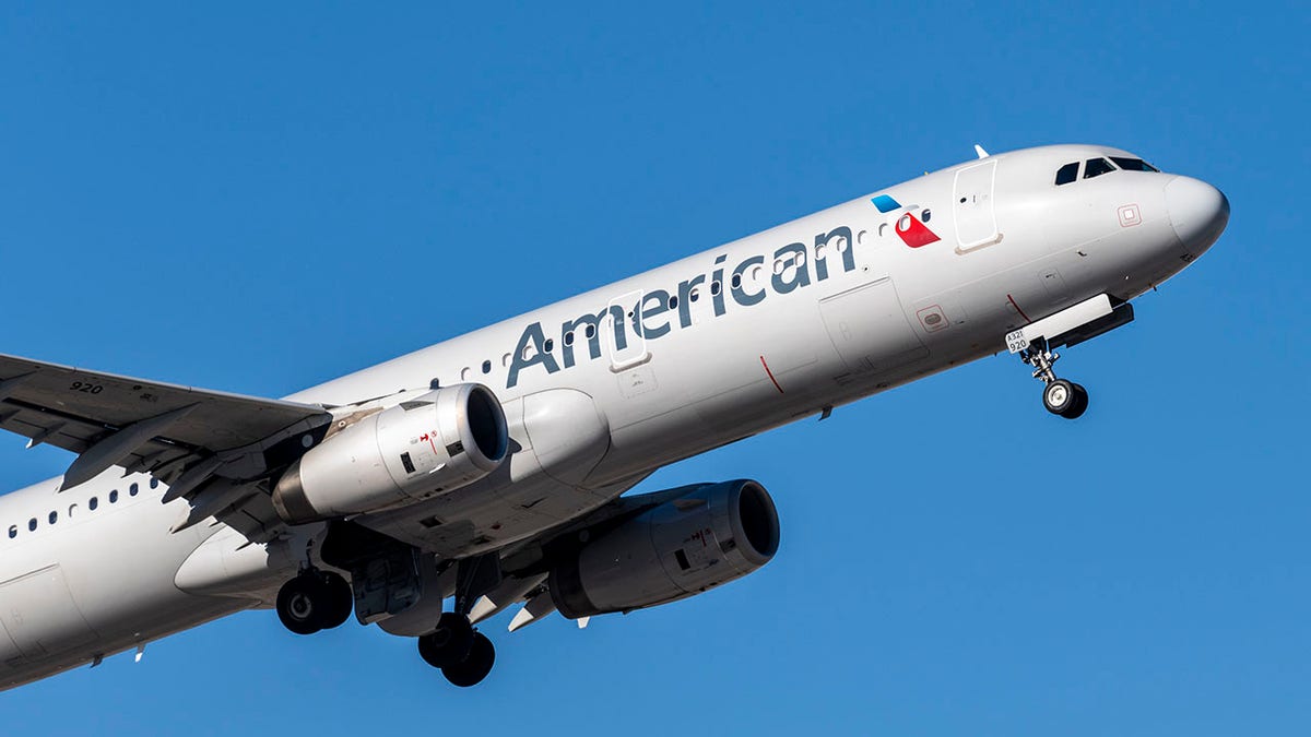 An American Airlines airplane appearing to take off from an unnamed airport