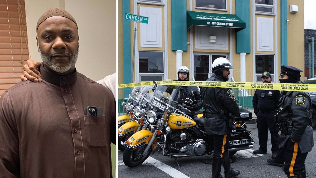 A collage of Imam Hassan Sharif, left, who was fatally shot, and police and police motorcycles outside a mosque in Newark