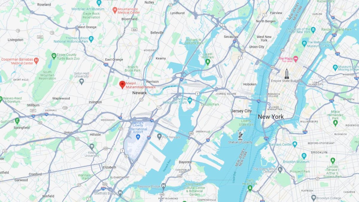 A Google Maps image pinpointing the Masjid Muhammad-Newark at South Orange Avenue and Camden Street