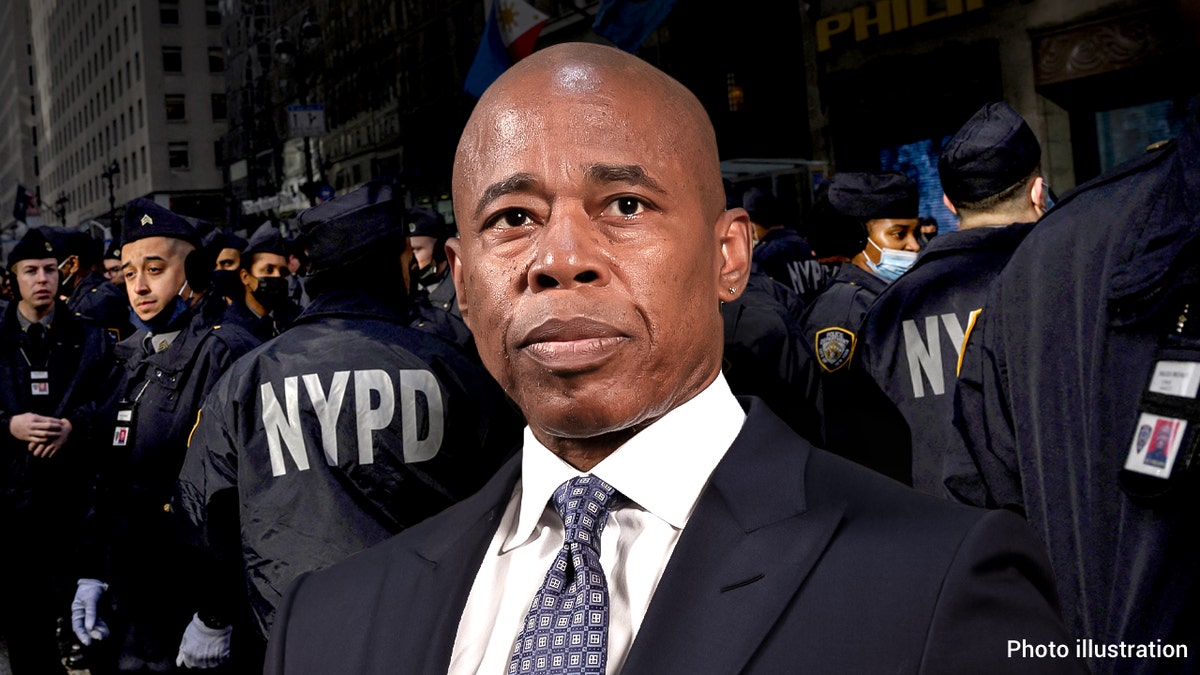 Eric Adams, NYC, mayor center in photo illustration with NYPD officers