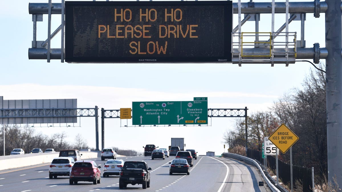 A humorous Christmas themed highway sign