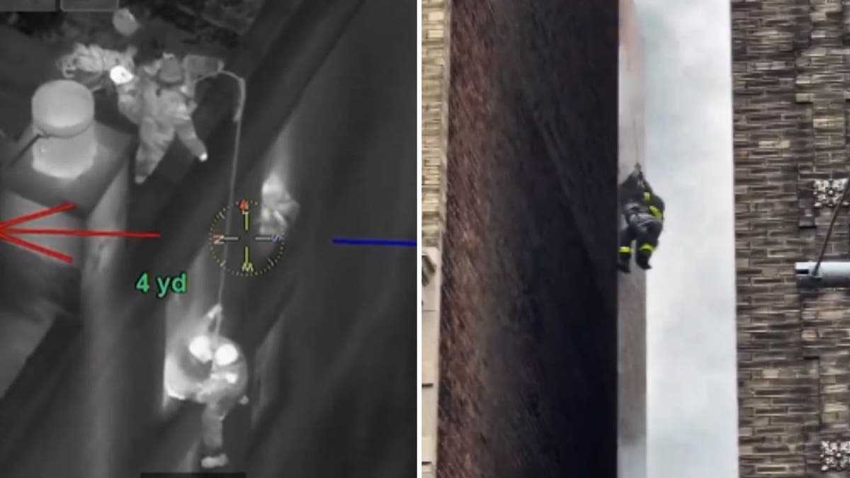 Two images show firefighters rescue people in New York City from a burning building