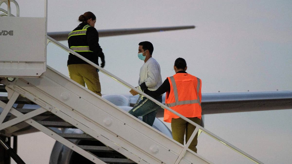 Authorities escort a man in shackles onto a deportation flight
