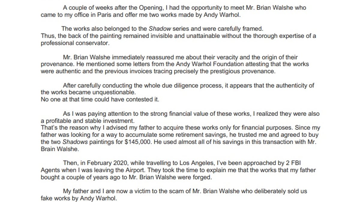 Victim impact statement part one of two by a victim of Brian Walshe's art scam