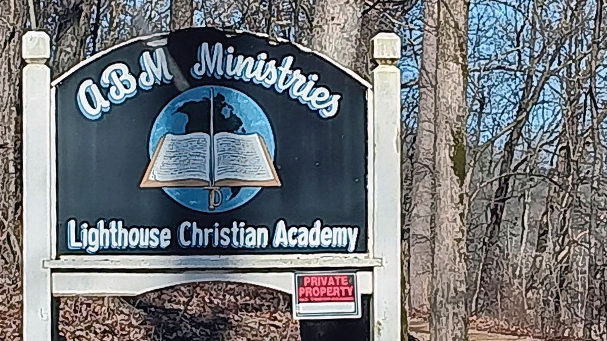 A sign stands outside ABM Ministries, a Christian boarding school in Piedmont, Mo