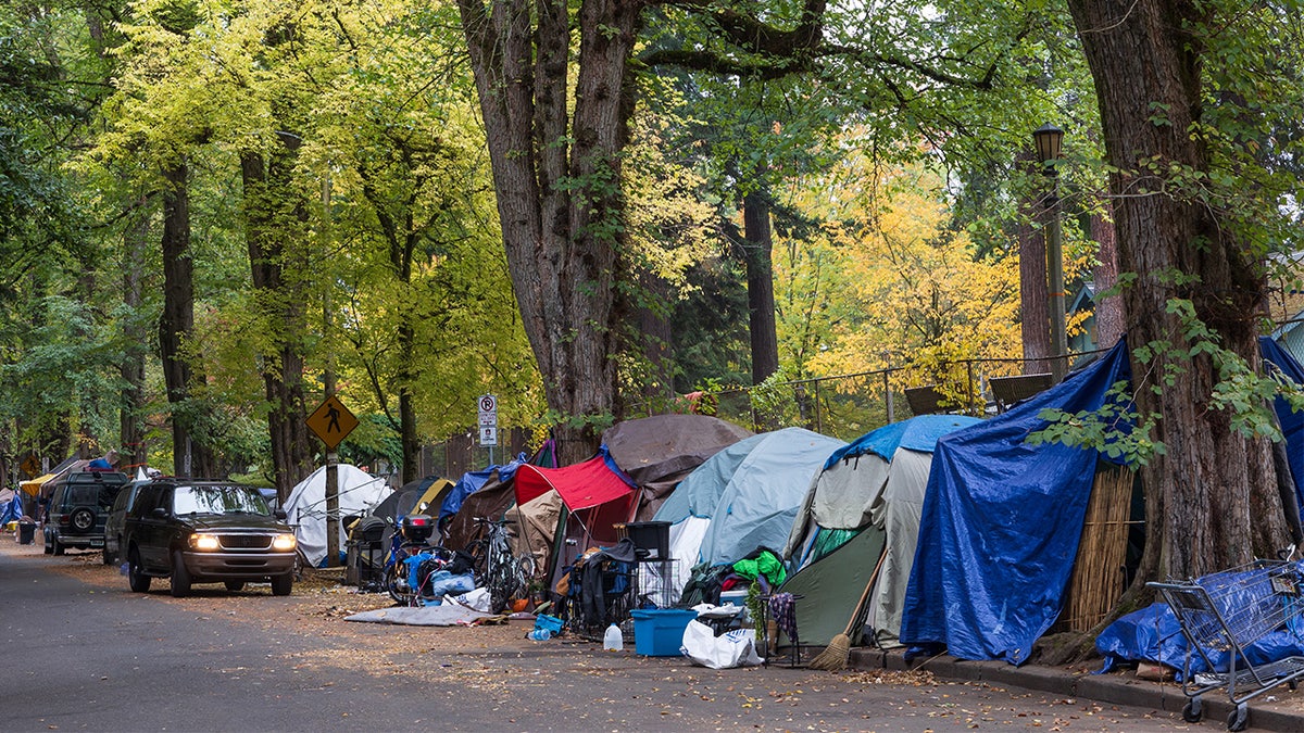 Tents lining walkway in Portland, Oregon