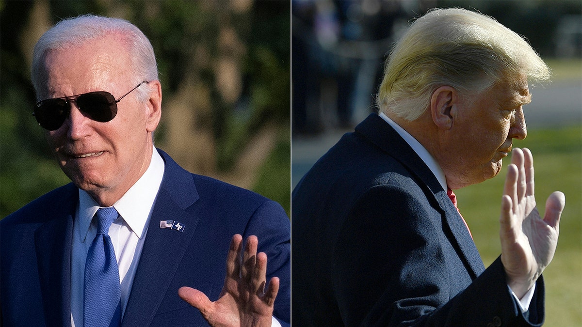 Biden and Trump wave in split image
