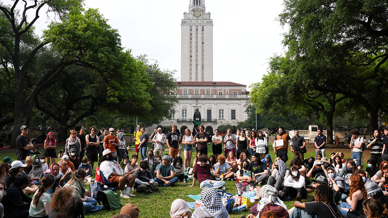 Pro-Palestine students gather on quad at the University of Texas at Austin.
